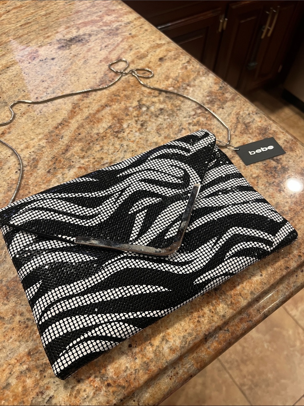 bebe Black and White Zebra Mesh Envelope Clutch with Chain